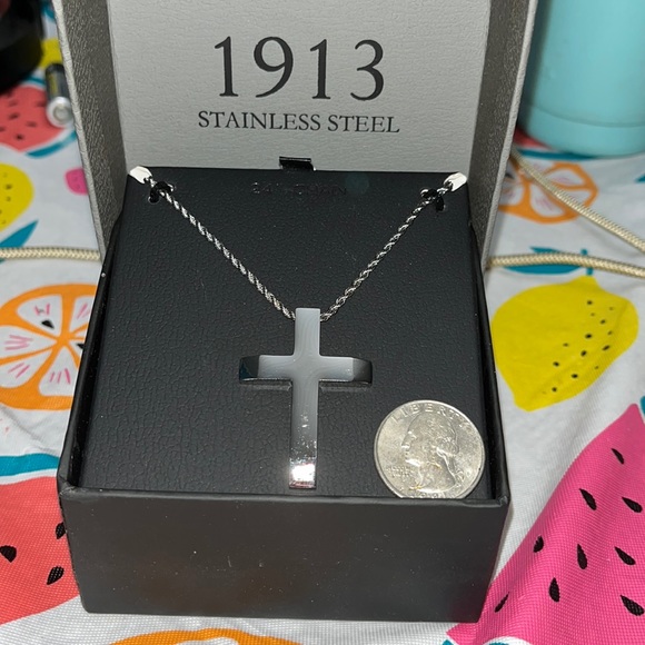 NWT 1913 Stainless Steel Simple Cross necklace, 24” chain - Picture 1 of 6